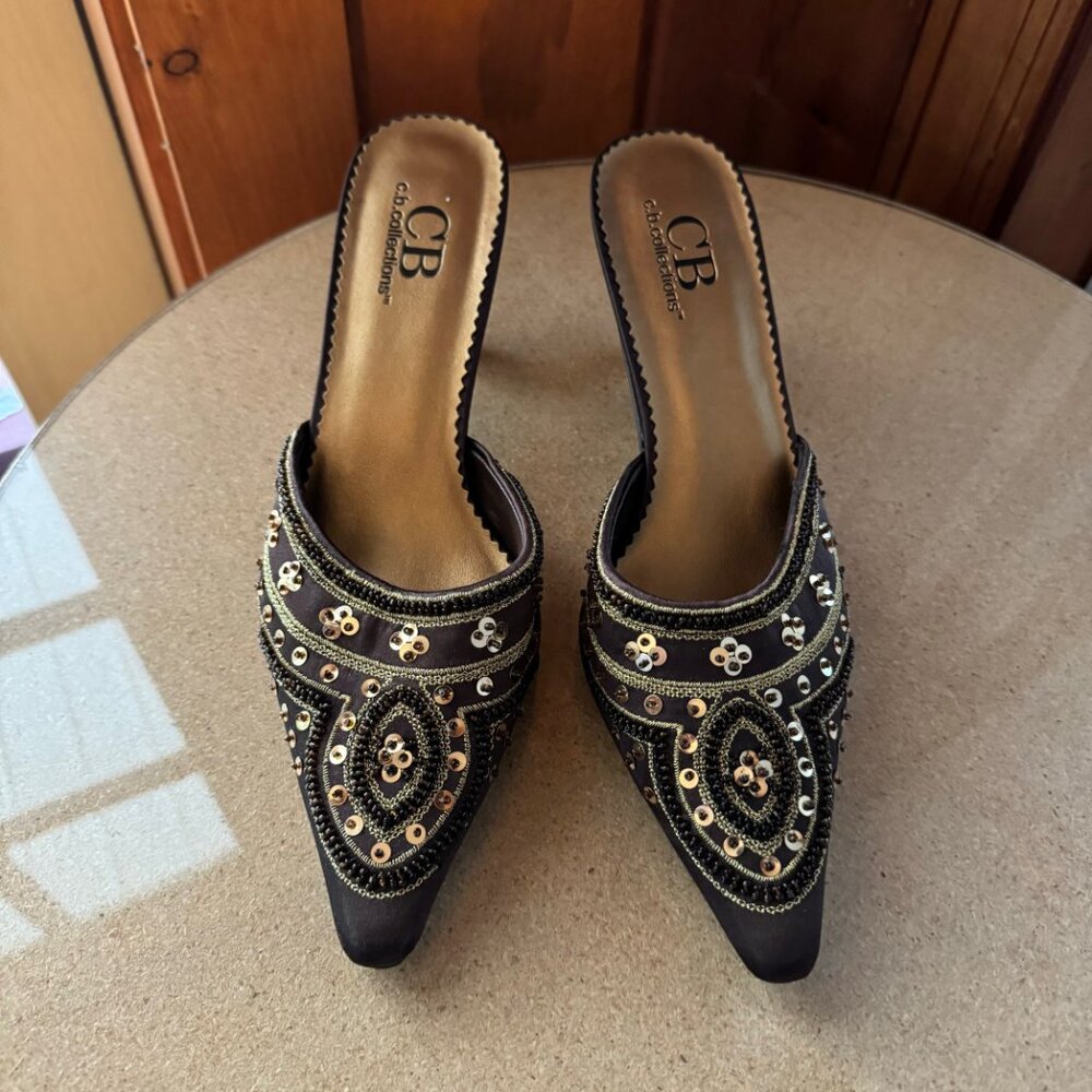 CB Collections Brown Satin Beaded Mule Size 9 1/2W